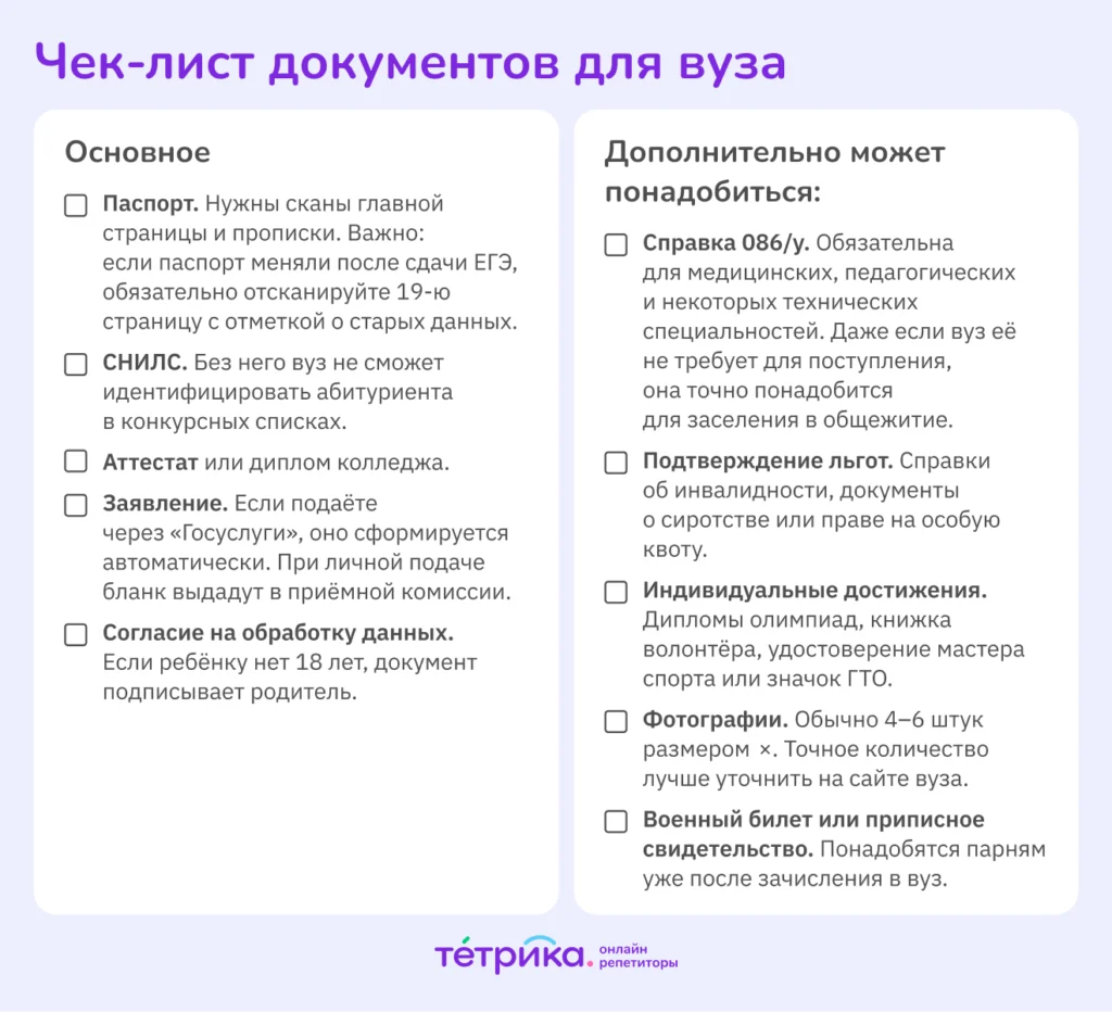 список документов для поступления 2026