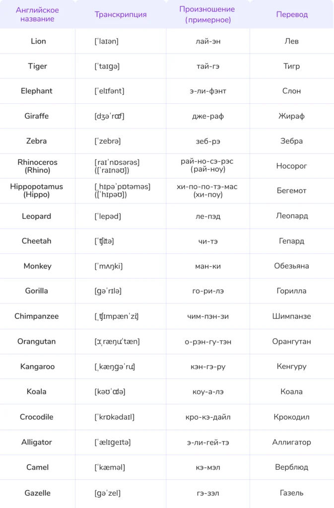 животные на английском